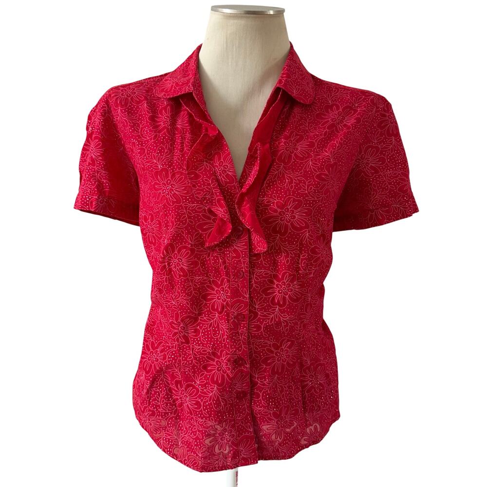 Vtg Y2K 2000s Red Glitter Floral Ruffle Blouse Sz PXL Glam Western Rodeo